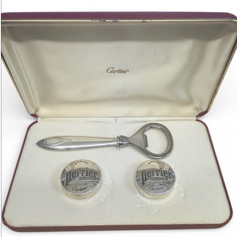 Cartier bottle opener and two Perrier bottle caps, Vintage, NEW WITH TAGS
